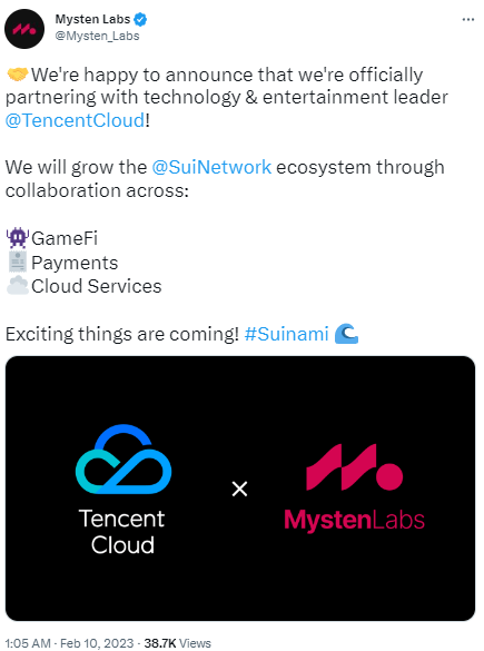 Sui开发团队Mysten Labs与腾讯云在GameFi、支付等领域达成合作